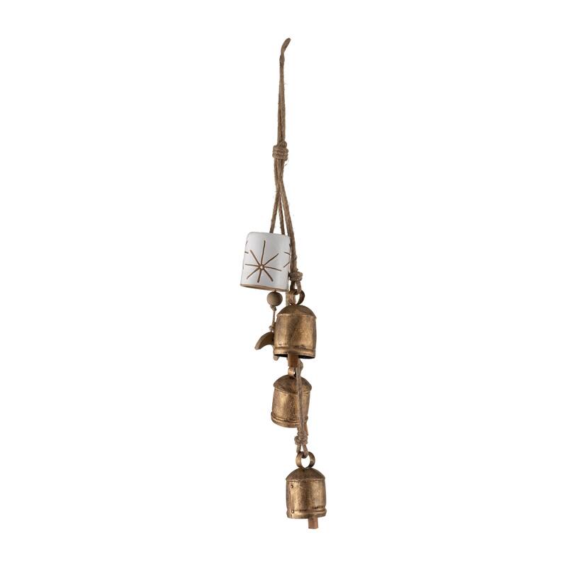 28" Metal Wind Chimes Contemporary Rustic White and Gold Outdoor Wind Chime Bells Iron and Ceramic Peaceful Home or