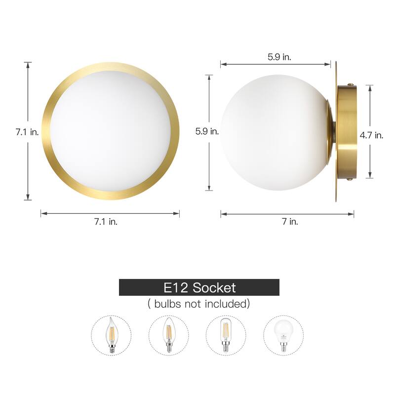 1-Light Brass Wall Sconce with White Glass Shade - 7 in.