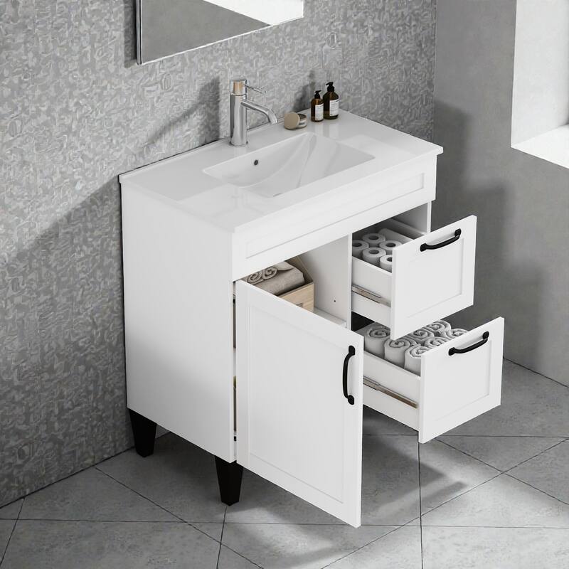 31.9" Bathroom Vanity with Ceramic Sink, 2 Drawers and 1 Door, Soft-Close Storage Cabinet, Black Hardware
