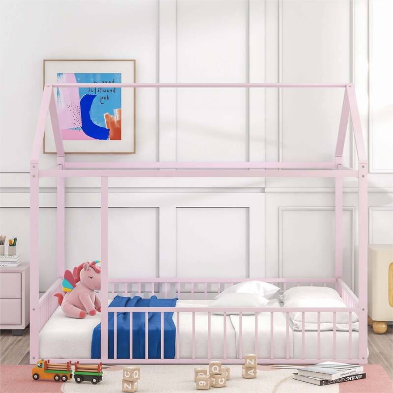 Metal Bed House Bed Frame with Fence