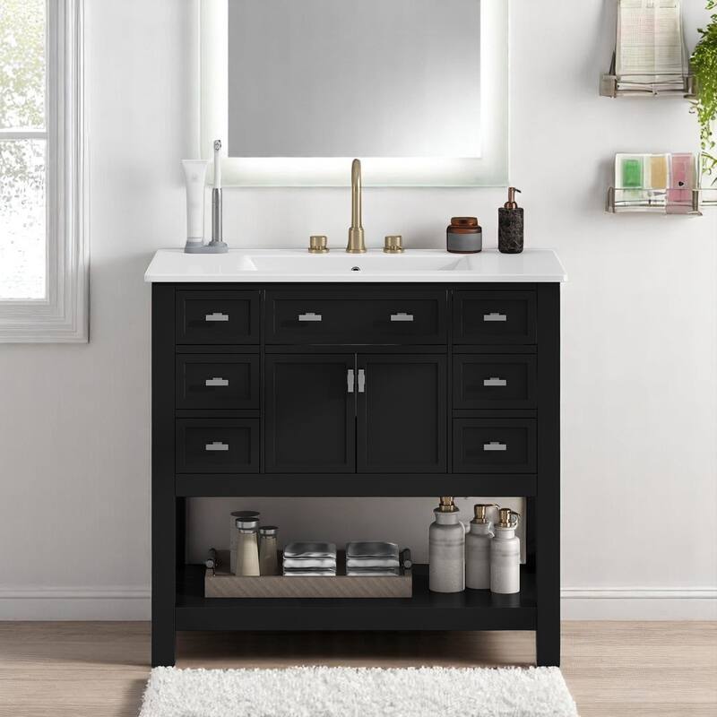 36 Inch Freestanding Bathroom Vanity with Ceramic Sink, 6 Soft Close Drawers, Modern Single Sink Cabinet - Black
