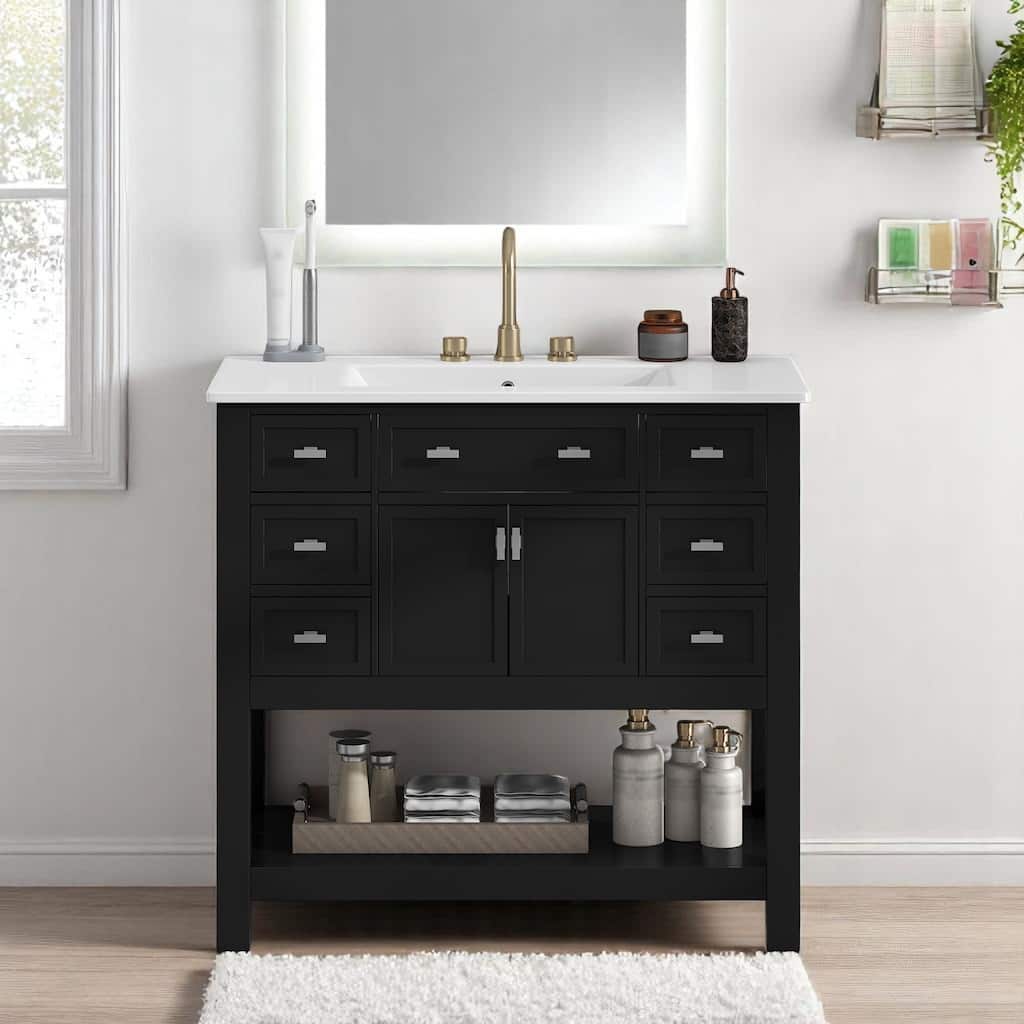 36 Inch Freestanding Bathroom Vanity with Ceramic Sink, 6 Soft Close Drawers, Modern Single Sink Cabinet