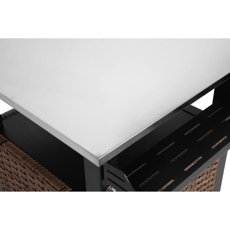 Single door bar cart,Outdoor Kitchen Wicker Island Rolling cart & Storage Cabinet, Wheels and Stainless Steel Extended Table Top