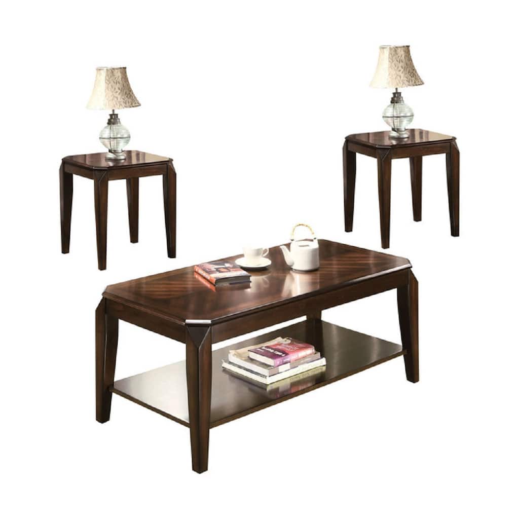 3 Piece Wooden Table Set with Shelf Board in Walnut