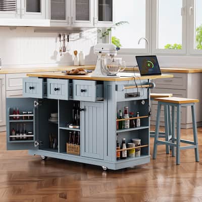 53'' Large Kitchen Island,2 Bar Stools,Power Outlet,Door Internal Storage Rack,5 Wheels,Drop Leaf,5 Open Side Racks,3 Drawers