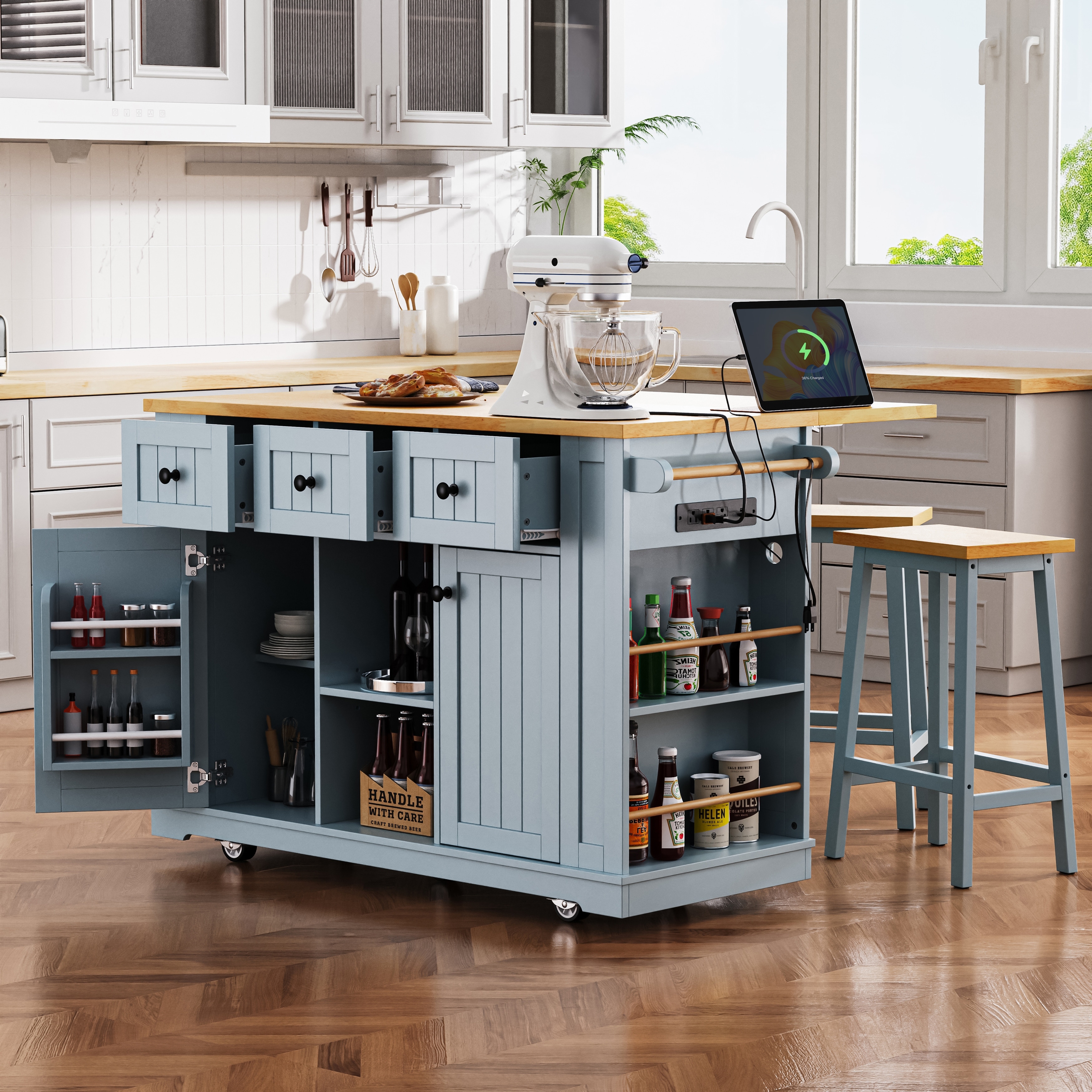 Large Kitchen Island with Bar Stools Power Outlet and Ample Storage Options Bed Bath Beyond 41471356