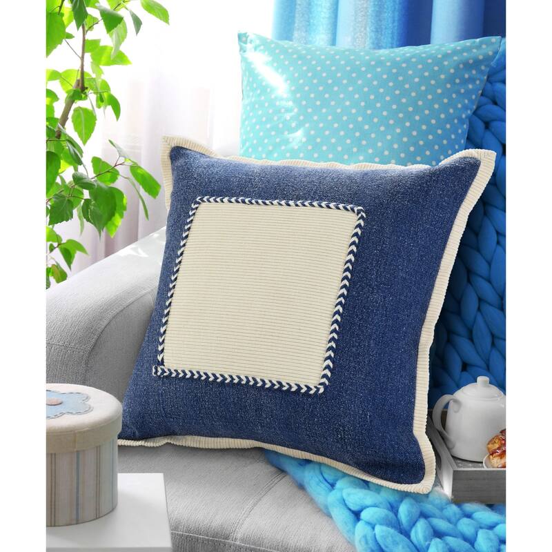 20" Navy Blue and White Braided Frame Square Throw Pillow