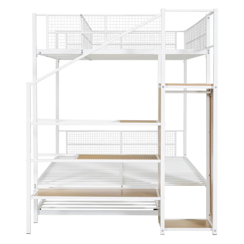 Twin Over Full Metal Bunk Bed with Trundle and Lateral Storage Ladder and Wardrobe, White