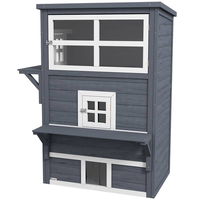PawHut 3-Story Cat House Feral Cat Shelter, Outdoor Kitten Condo with Raised Floor - Dark Gray