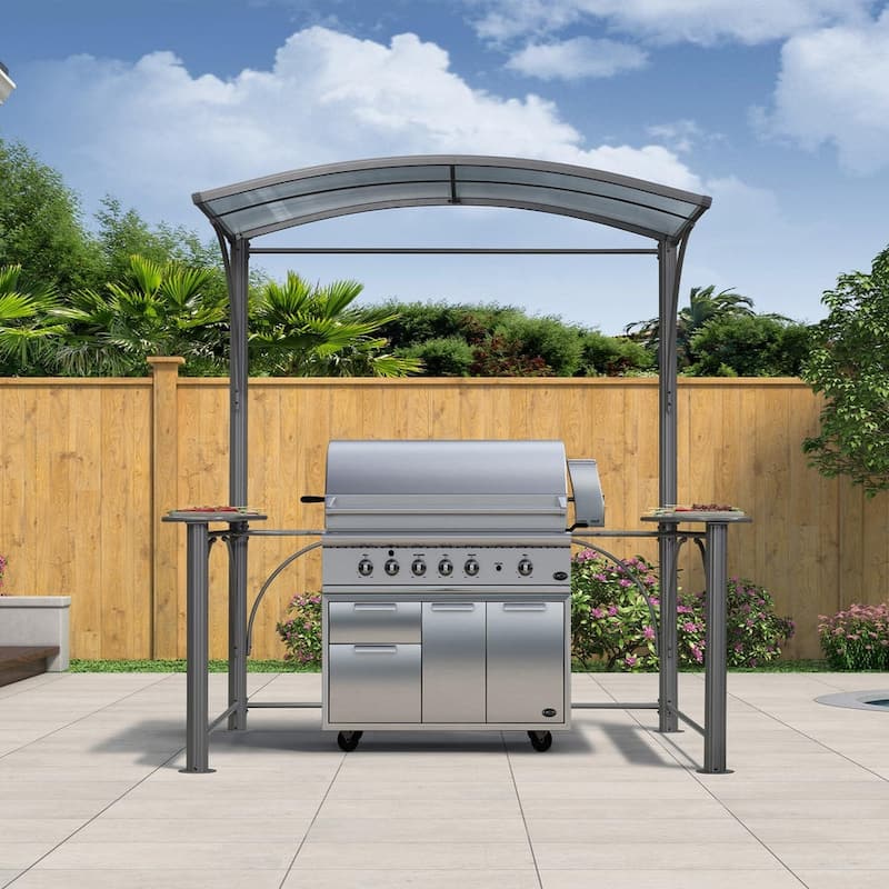 PURPLE LEAF Barbecue Grill Gazebo Aluminum Frame Grill Shelter with Shelves Hardtop with Hook Sunshade Grey