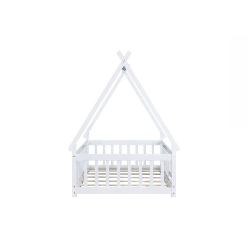Twin Tent-shaped Floor Bed,Teepee Bed with Guardrails,Slats and Door