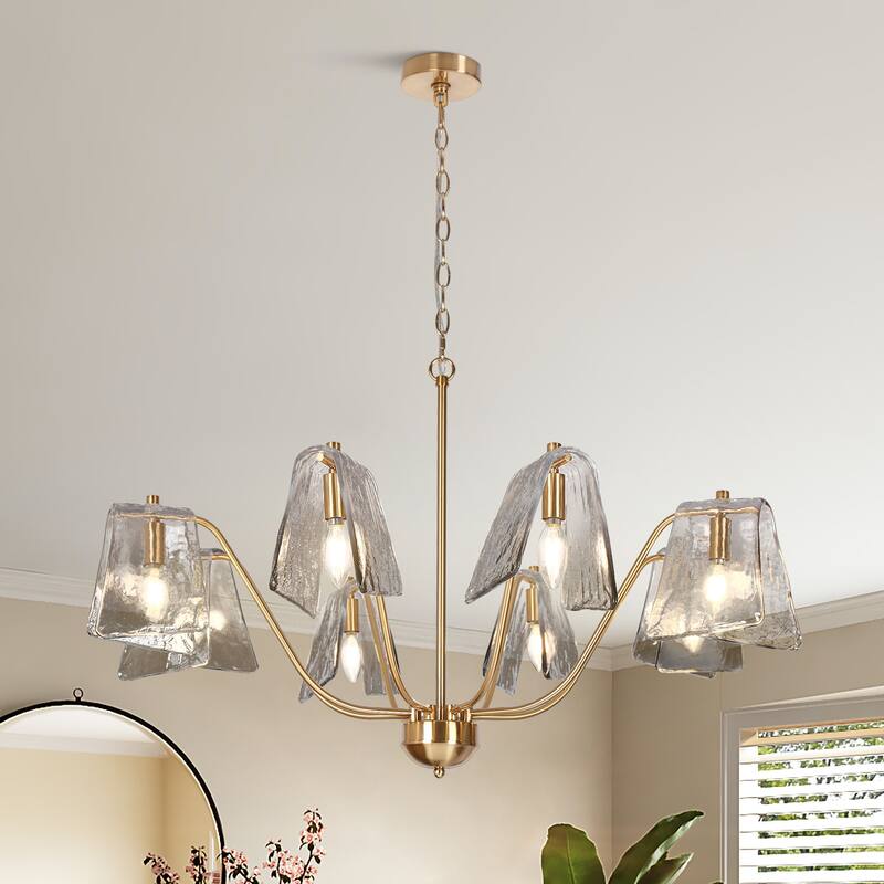 Modern Gold 8-Light Wheel Chandelier Smoky Grey Glass Lights for Dining Room Bedroom - 35.4" Dia. x 21.2" H