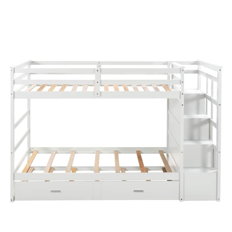 Hardwood Twin Over Twin Bunk Bed with Trundle and Staircase