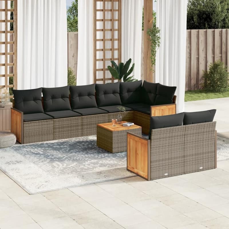 vidaXL Patio Sofa Set with Cushions Outdoor Conversation Furniture Poly Rattan - Grey-With table - 21.7 x 21.7 x 14.6