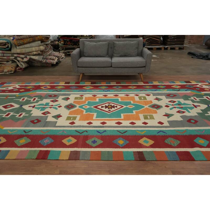 Hand Woven Oriental 100% Wool Carpet Southwestern Tribal Multi-Colored Kilim Area Rug - 14' 8'' X 8' 1''