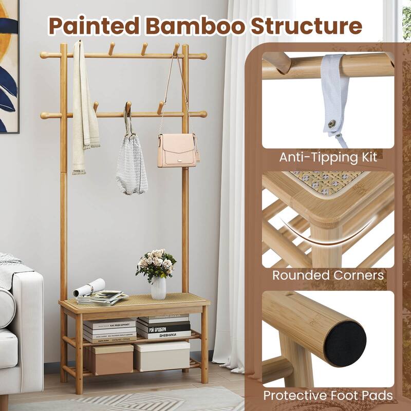 Costway Bamboo Coat Rack with Bench Shoe Storage 2 Hanging Rods 11 - See Details
