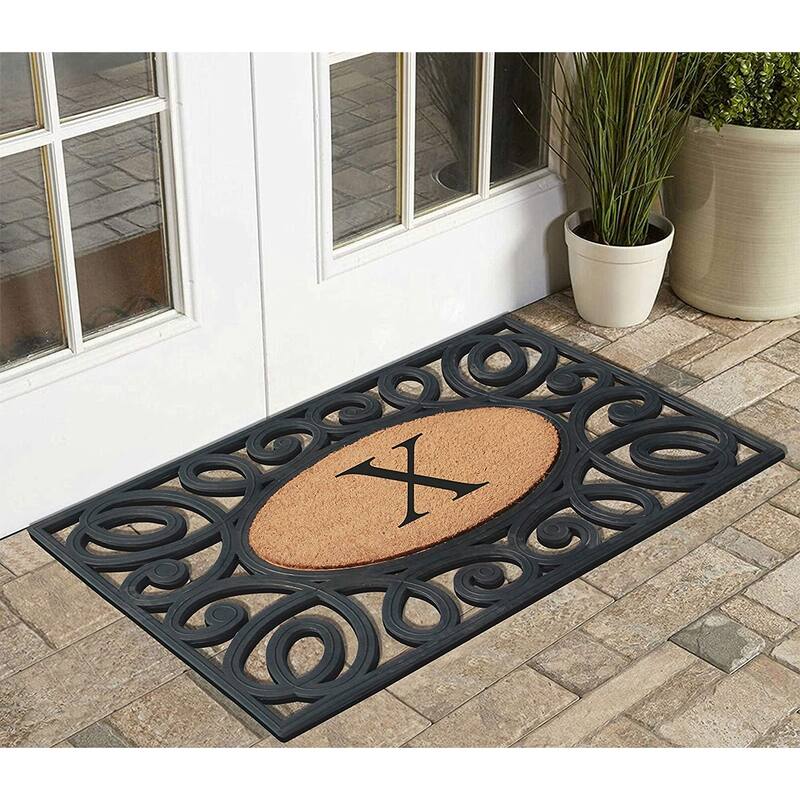 A1HC Rubber and Coir Elegant Circles, Monogrammed Double Door Doormat, Black/Beige - 23"X38"