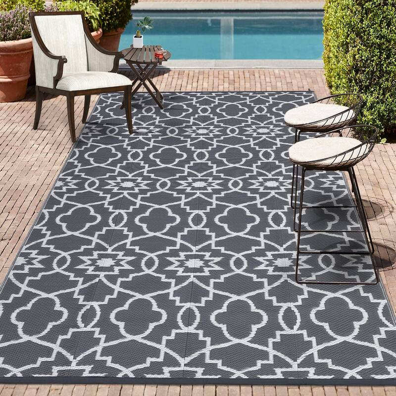 Outdoor Plastic Straw Rug Geometric Waterproof Reversible Area Rug for Patio Backyard Picnic Camp Beach