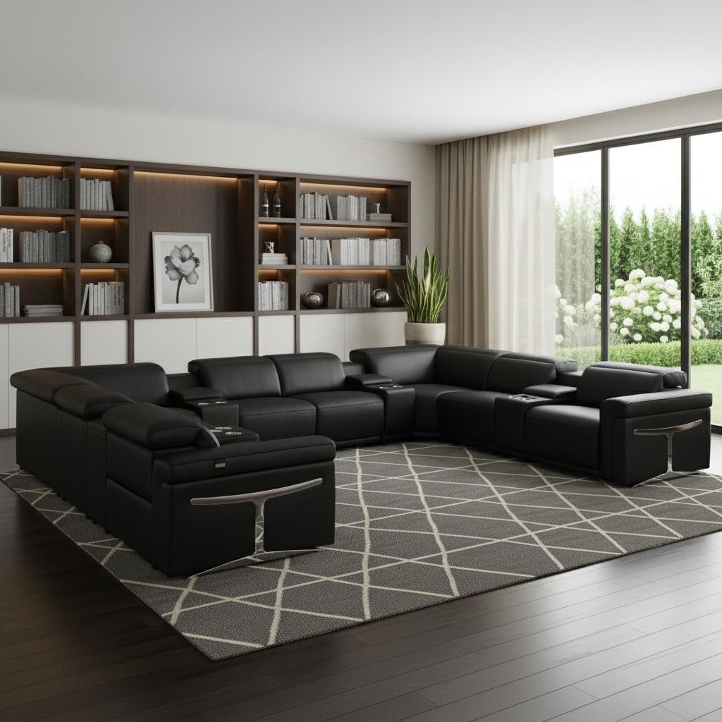 HomeRoots Black Italian Leather Power Reclining U Shaped Twelve Piece Sectional With Console