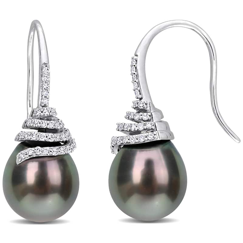 Miadora Black Tahitian Cultured Pearl and 1/3ct TDW Diamond Swirl Hook Earrings in 14k White Gold