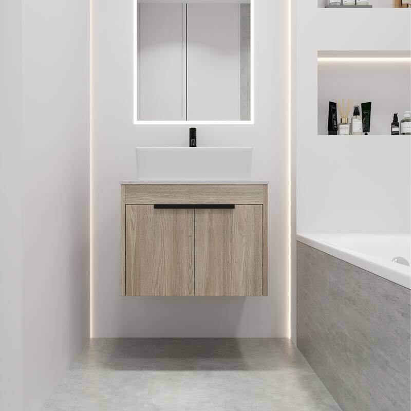 24 " Float Bathroom Vanity With Ceramic Basin Set,Wall Mounted White Oak Vanity With Soft Close Door,2 Pieces Parcel