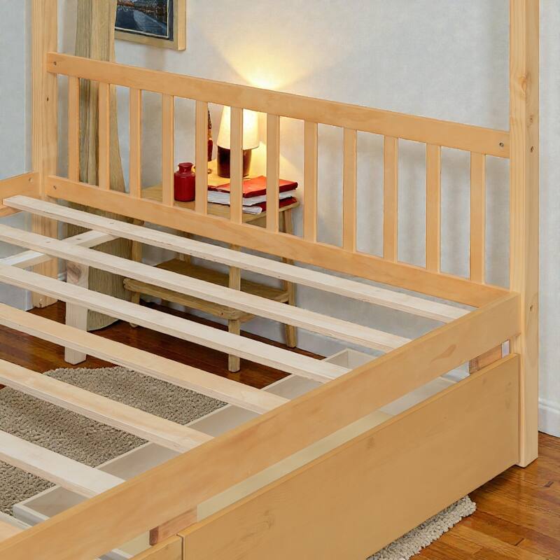 Twin/Full Size Wooden House Bed with Roof and 2 Drawers, Kids Platform Bed with Storage, Solid Pine Frame