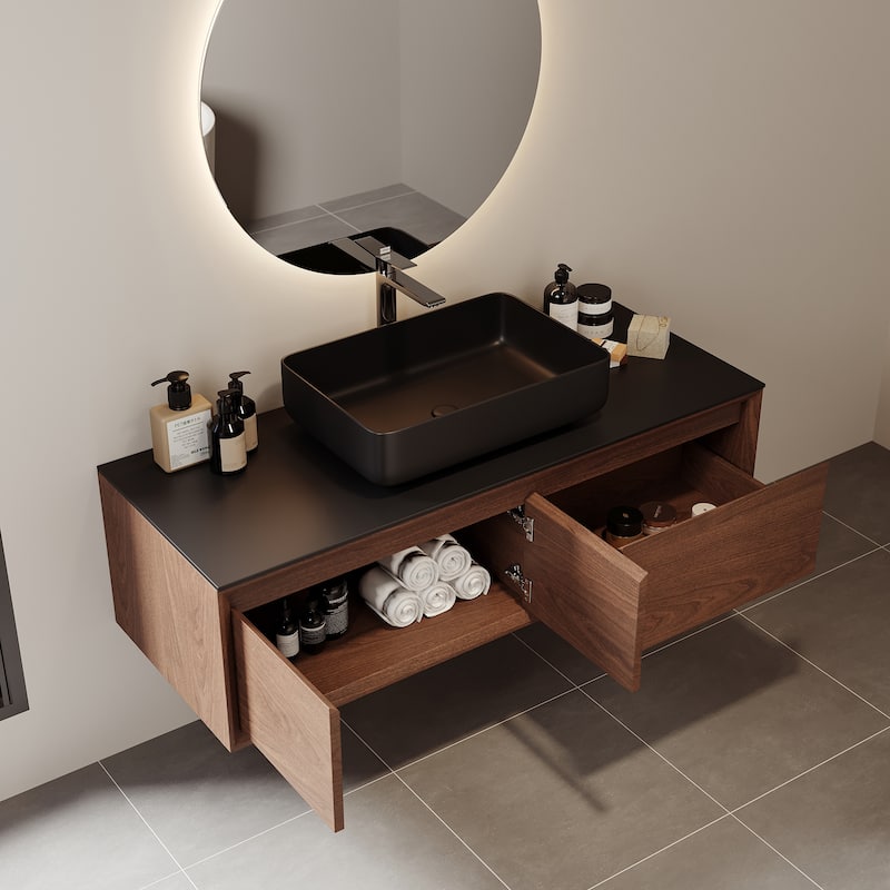48" Modern Floading Single Bathroom Vanities, Solid Wood, Glossy Stone Vessel, Brown &Light Wood, Not Assembled Need