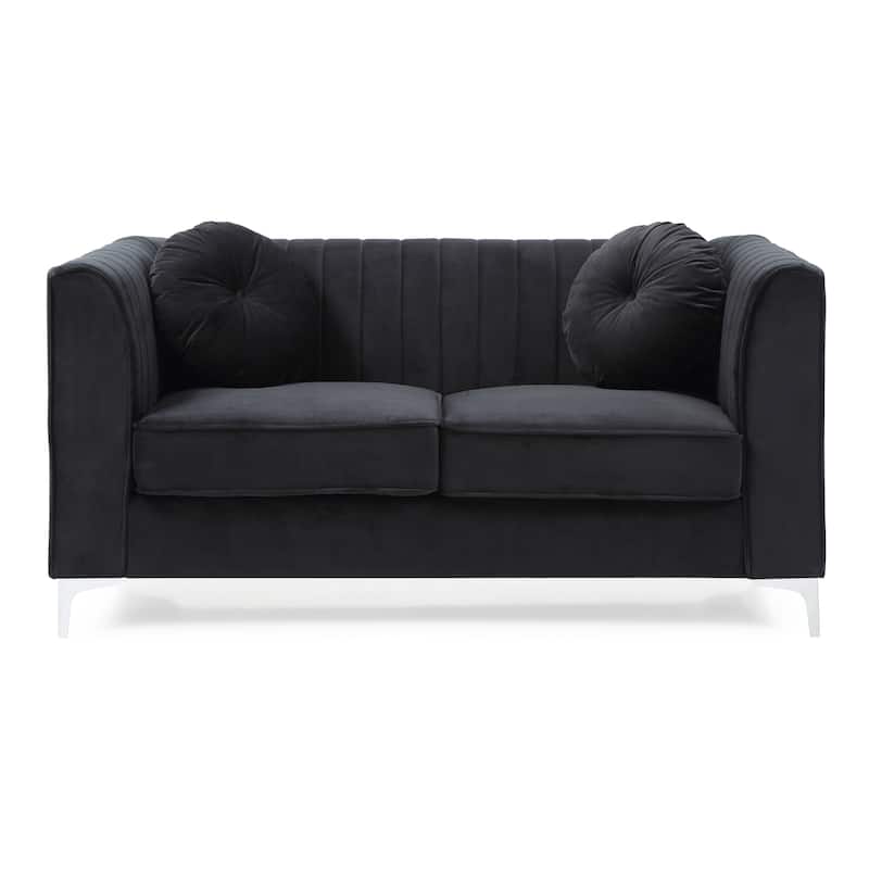 Roomfitters Velvet Loveseat, Sloped Arms, Channel-Tufted 2-Seater Sofa, Modern Glam Couch, Silver Metal Legs