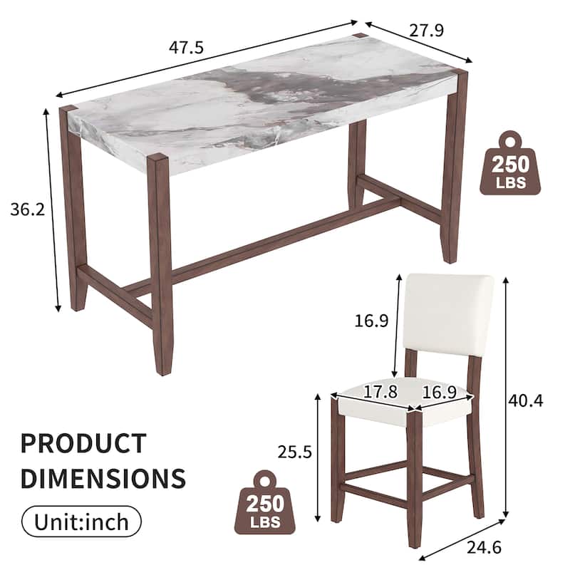 5-Piece Counter Height Dining Table Set with Faux Marble Table and 4 Upholstered-Seat Ergonomic Chairs, Anti-stain Surface