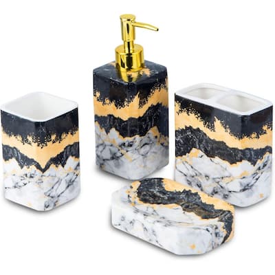 4-Piece Bathroom Accessories Set, Lotion Dispenser, Toothbrush Holder and Soap Dish, Glossy Finish (Black and White)