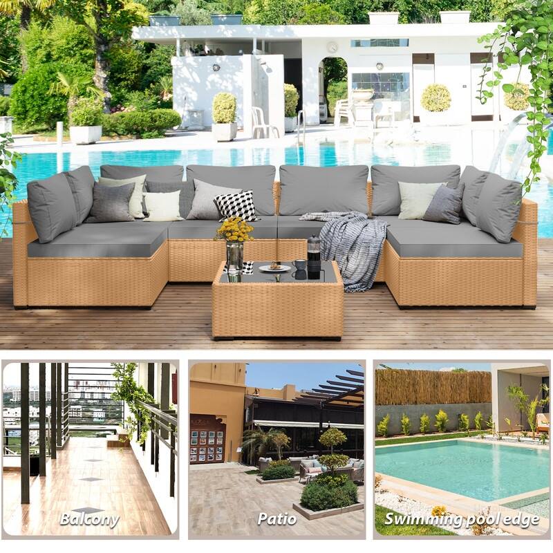 Patio Watcher 7-Piece Patio Yellow Wicker Sectional Seating Group with Cusions and Side Table