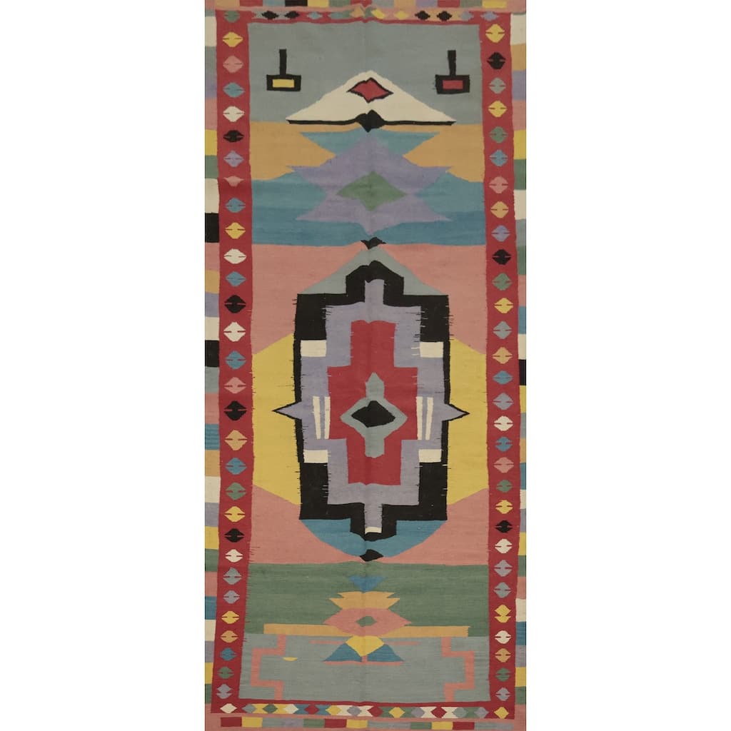 Hand Woven Oriental 100% Wool Carpet Southwestern Tribal Multi-Colored Kilim Area Rug - 13' 4'' X 4' 10''