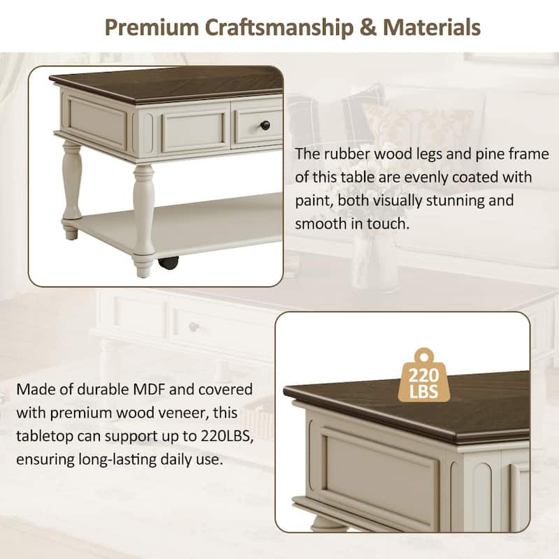 Farmhouse Coffee Table with One Drawer,Solid Wood Legs and Lockable Wheels