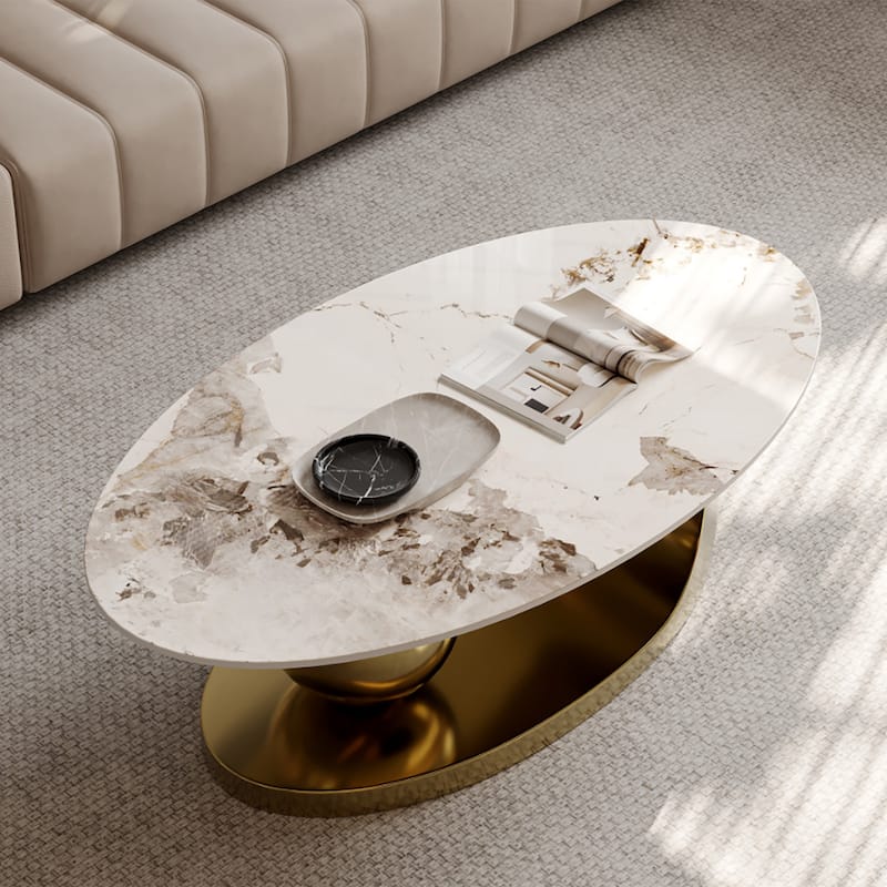 51" Modern Pandora Oval Coffee Table with Glossy Sintered stone top, Luxury Coffee Table, Stainless Steel Legs for Livingroom