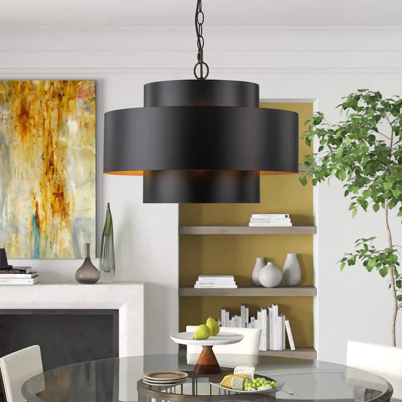 7-Light Modern Vintage Black Oversized Gold Leaf Drum Pendant Light/Kitchen Island Lighting - 19.6 in. W x 11.8 in. H - 19.6 in. W x 11.8 in. H - Black