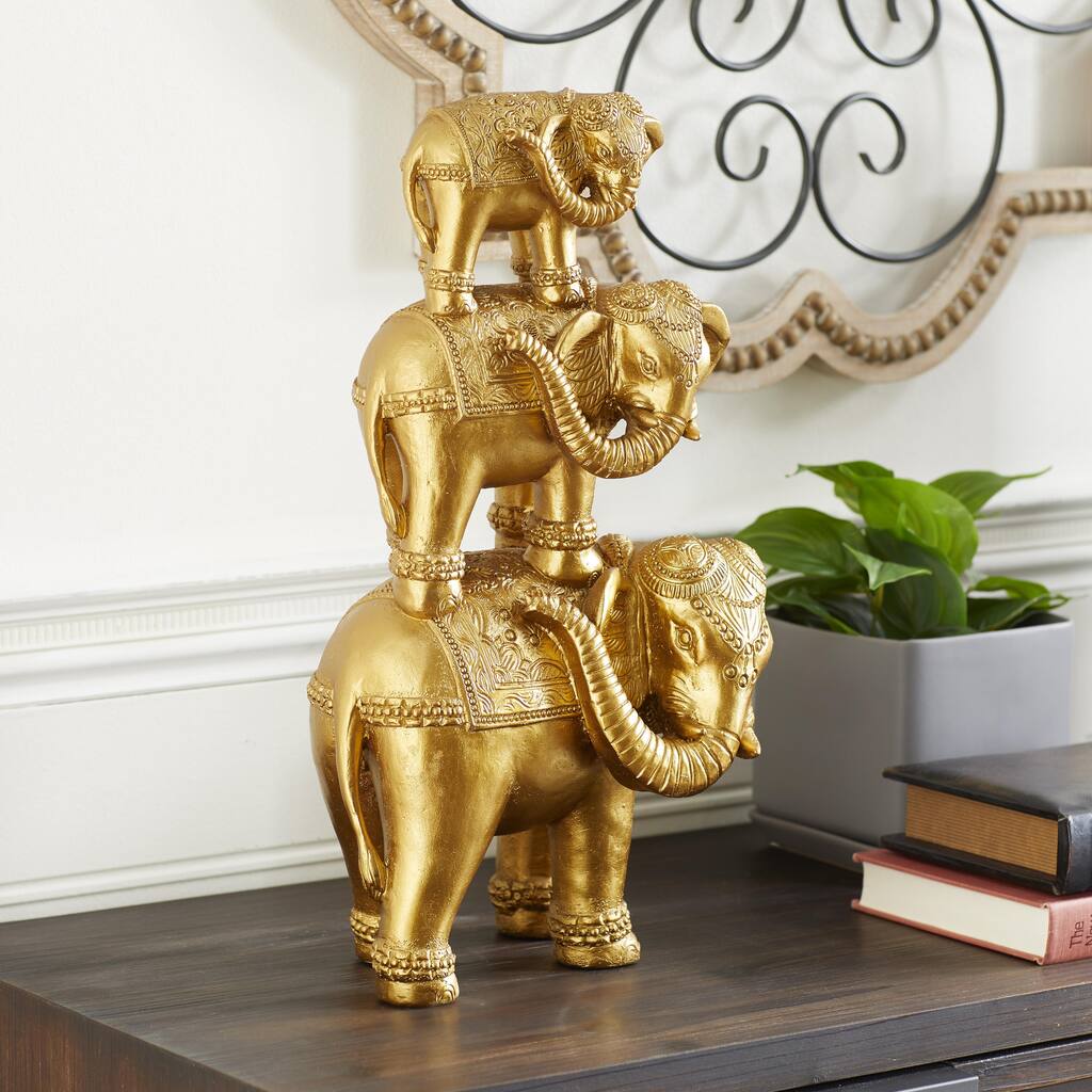 Gold Polystone Stacked Elephant Decorative Sculpture