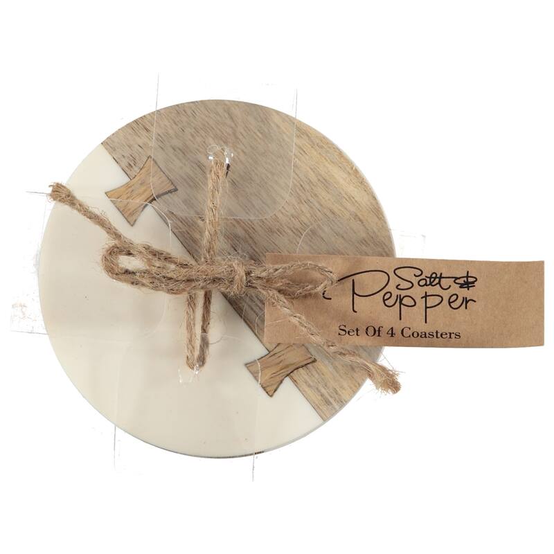 Dainty Home Wood And White Resin Designed Round Coaster Set of 4 - 4" Round