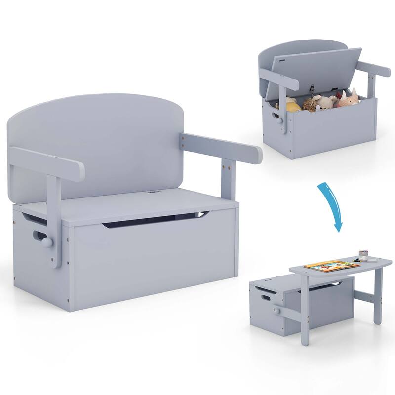 3-in-1 Kids Convertible Storage Bench Wood Activity Table & Chair Set - Grey