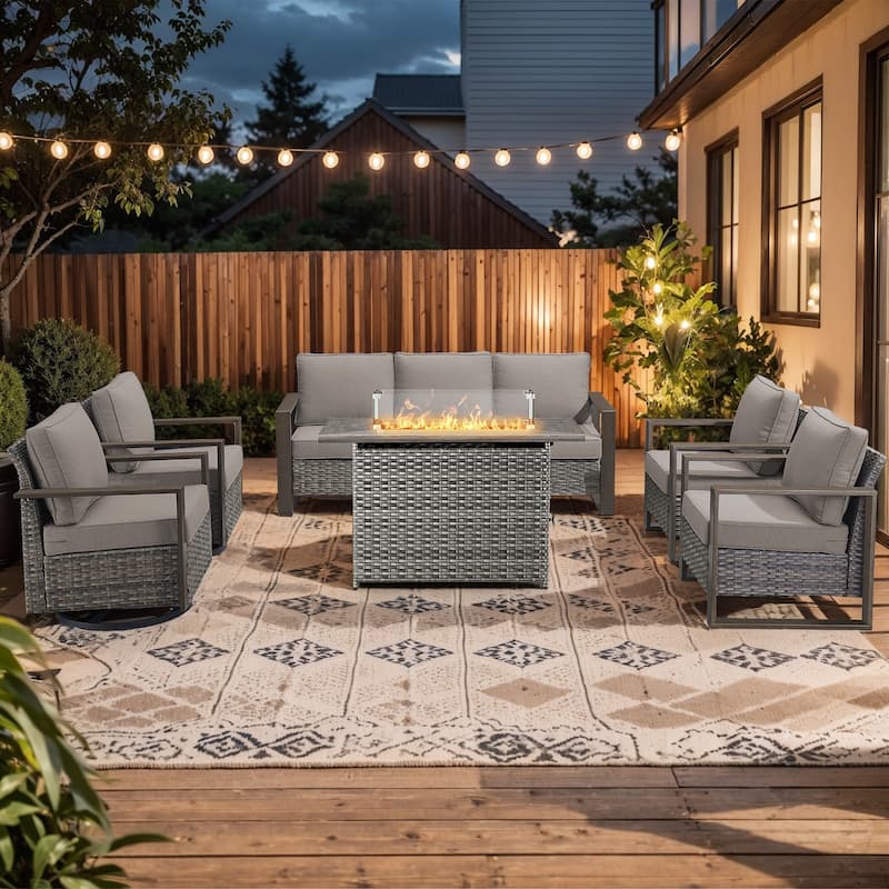Pocassy 6 Pieces Outdoor Sofa Chair with Fire Pit Table Set - Gray cushion - Gray Wicker