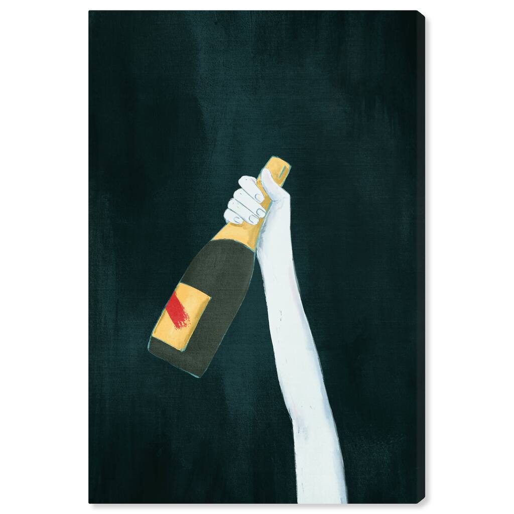 "Deep and Dark", Elegant Champagne Bottle Traditional White Canvas Wall Art Print for Dining Room