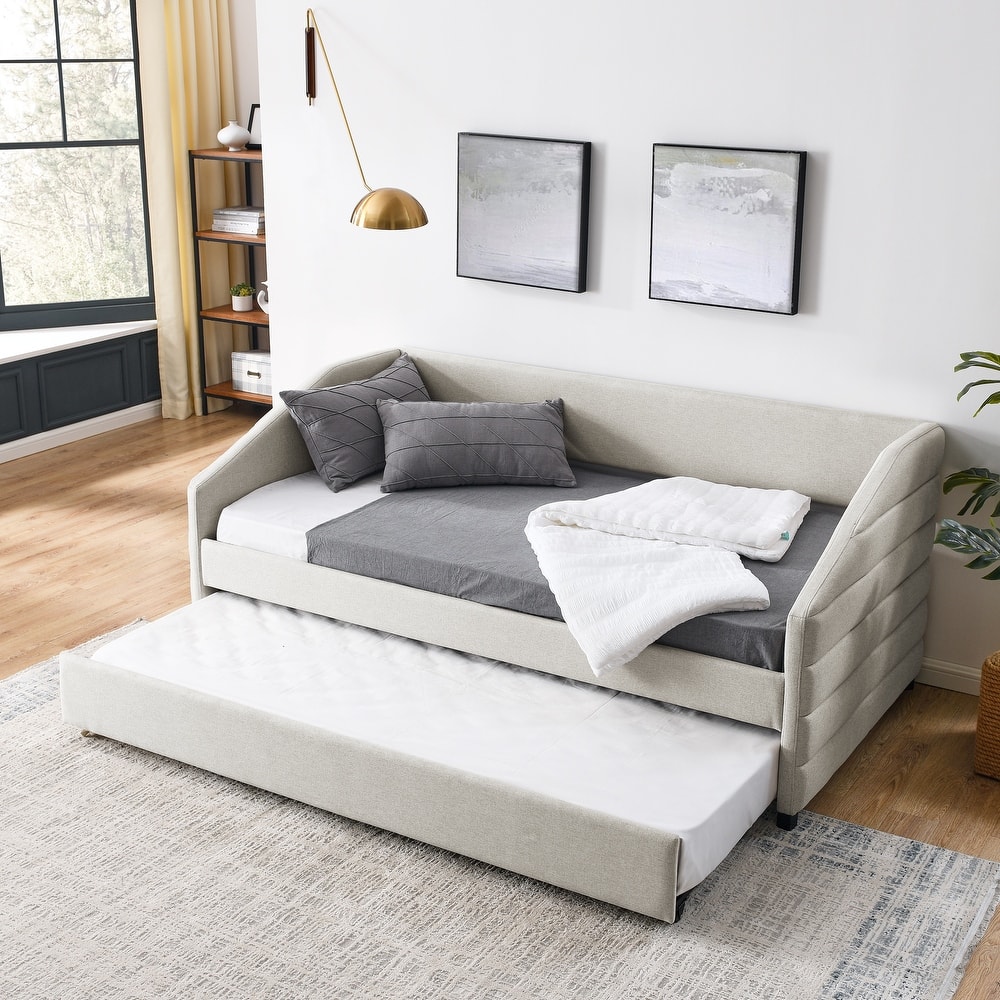 Linen Fabric Upholstered Daybed with Pull-Out Trundle or Storage Drawers, Tufted Sofa Bed Frame with Wood Slat Support