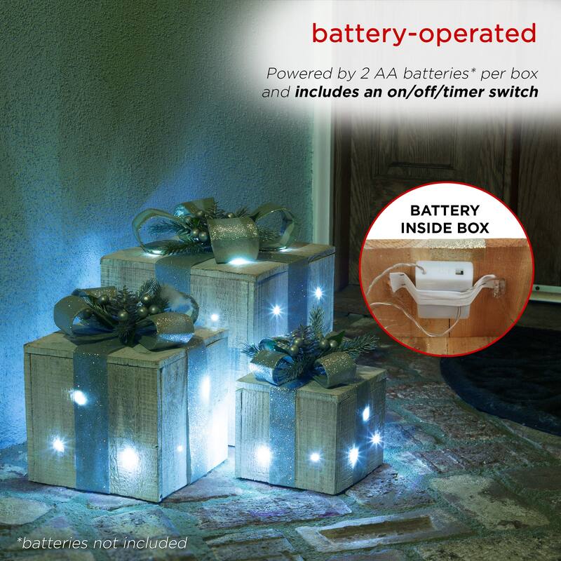 Alpine Corporation 3-Piece Decorative Wooden Christmas Gift Box Set with LED Lights