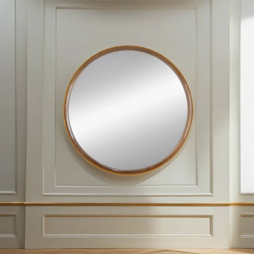 31.5" Round Pine Wood Mirror, Wall Mounted Mirror Home Decor