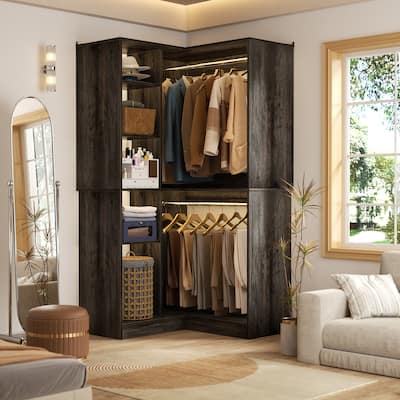 36" W Corner Closet System with Hanging Rods and Adjustable Shelves, Freestanding Heavy Duty Corner Walk-in Closet Organizer