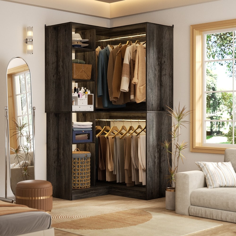 36" W Corner Closet System with Hanging Rods and Adjustable Shelves, Freestanding Heavy Duty Corner Walk-in Closet Organizer