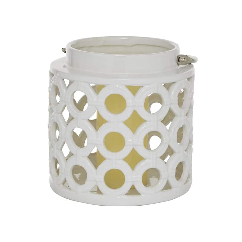 Ceramic Circles Decorative Candle Lantern with Cut Out Design - White - Roche River Decor - White - 8"W, 8"H