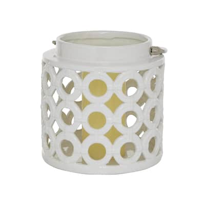 Ceramic Circles Decorative Indoor Outdoor Candle Lantern with Cut Out Design - White - Roche River Decor