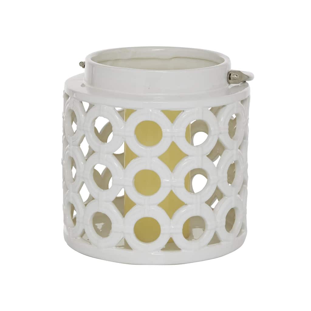 Ceramic Circles Decorative Candle Lantern with Cut Out Design - White - Roche River Decor
