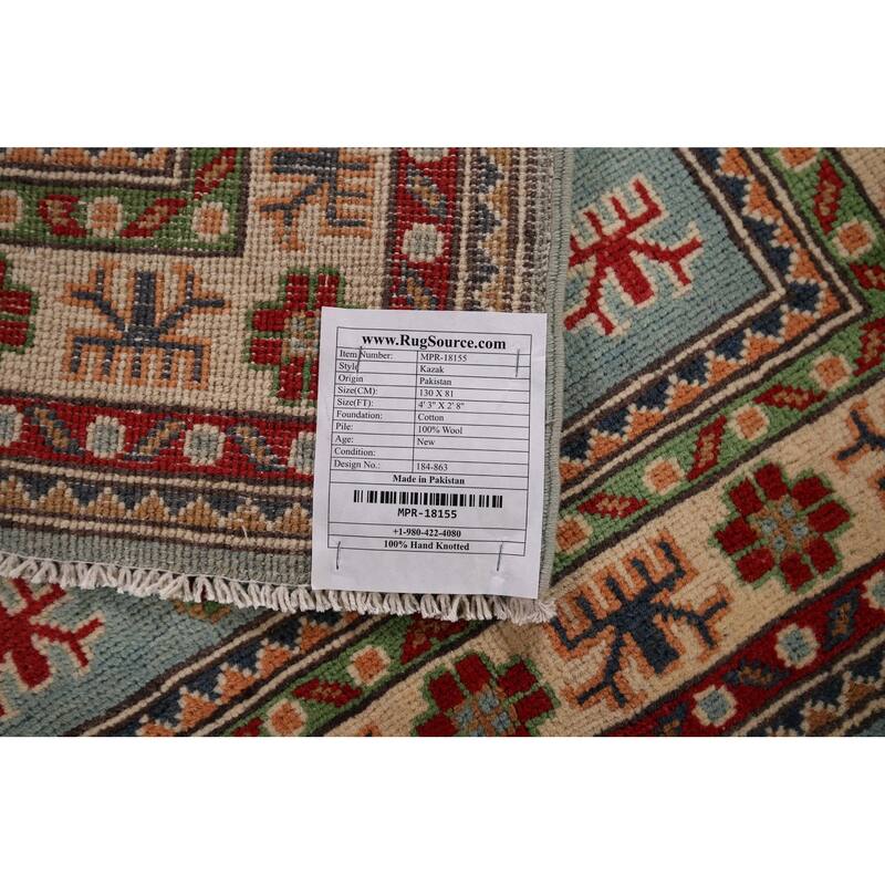 Light Blue Geometric Kazak Accent Rug Hand-Knotted Foyer Wool Carpet - 2'8" x 4'3"