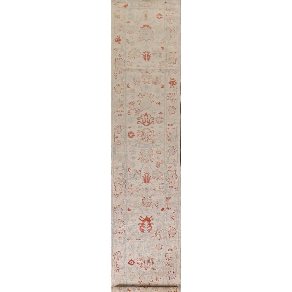 Hand Knotted Oriental 100% Wool Carpet Transitional All-Over Beige & Ivories Oushak Runner Rug - 17' 7'' X 2' 6''